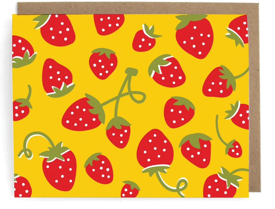 Yellow card with strawberry design, with a brown envelope