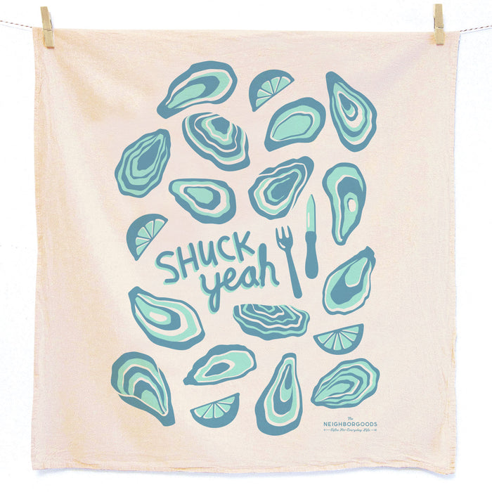Cotton dish towel with oysters design, featuring the phrase "Shuck yeah"