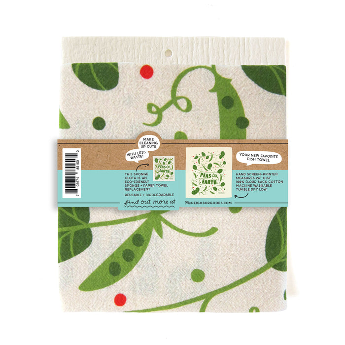 Back of matching dish towel and sponge cloth set with peas design, featuring the phrase "Peas on earth"