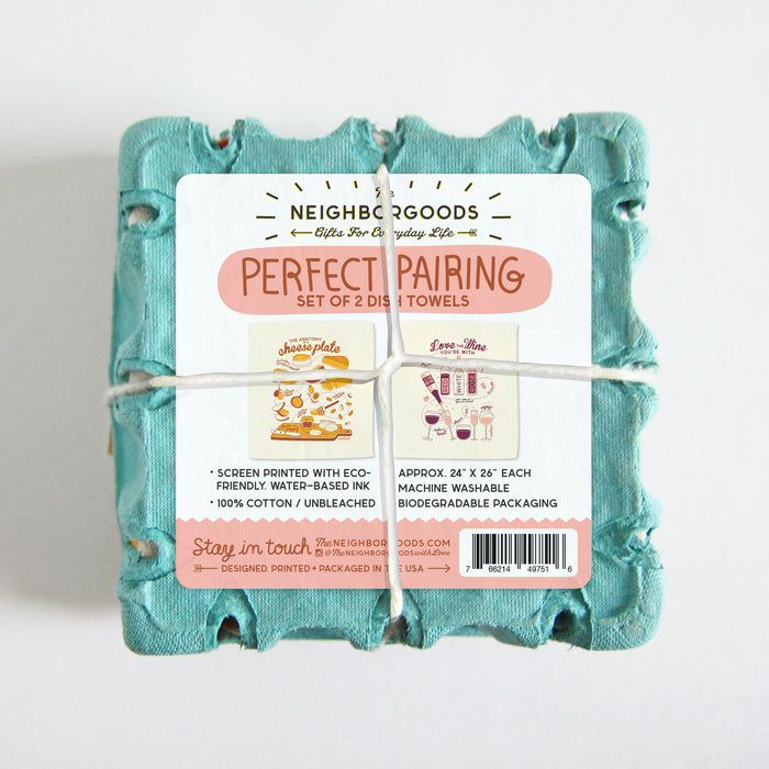 Bottom of perfect pairing dish towel set, featuring a sticker showing the designs of two towels packaged inside