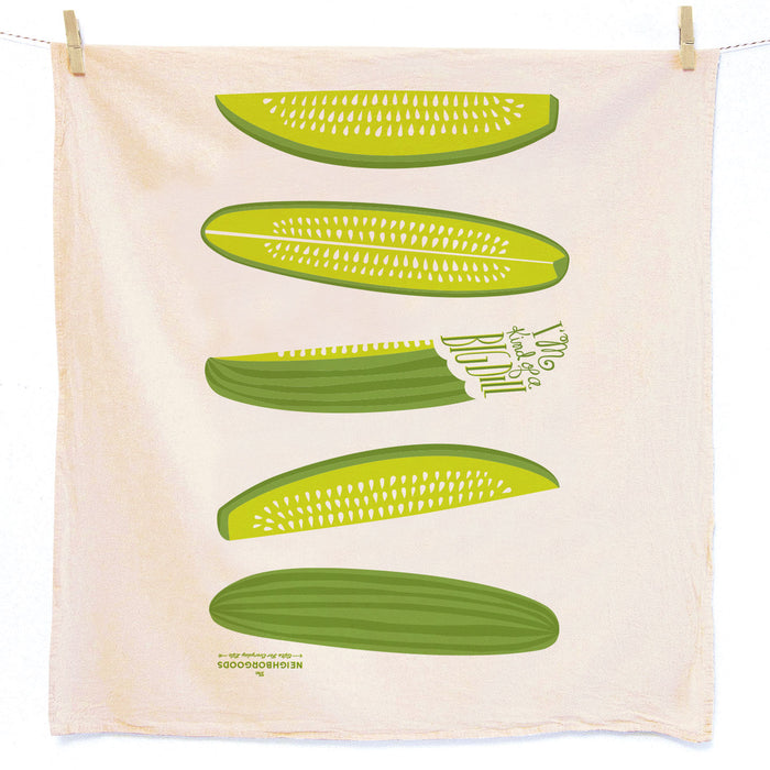 Cotton dish towel with pickles design, featuring the phrase "I'm kind of a big dill"