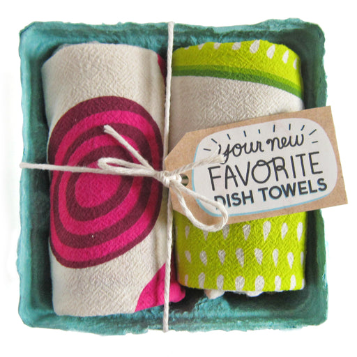 Pickled please dish towel set, folded in a green berry basket tied with a gift tag