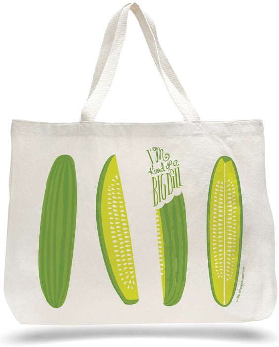 Large canvas tote bag with pickles design, featuring the phrase "I'm kind of a big dill"