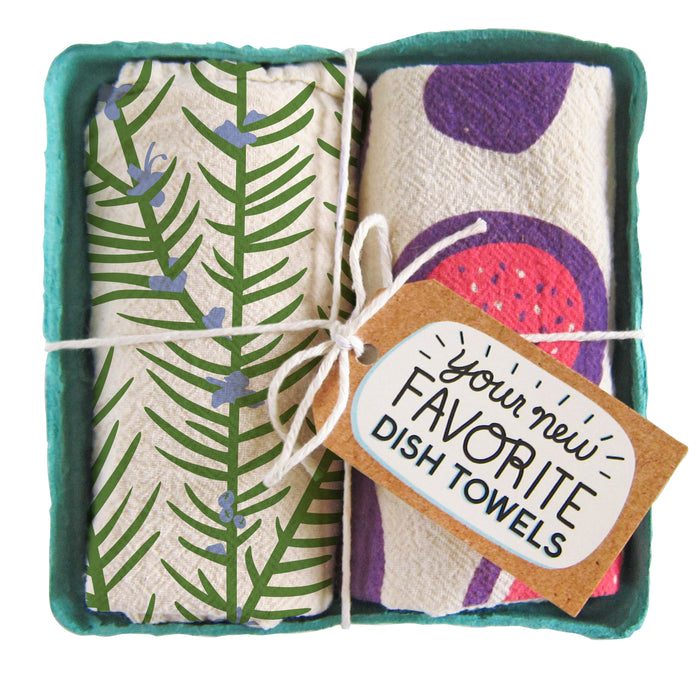 Rosemary+figs dish towel set, folded in a green berry basket tied with a gift tag