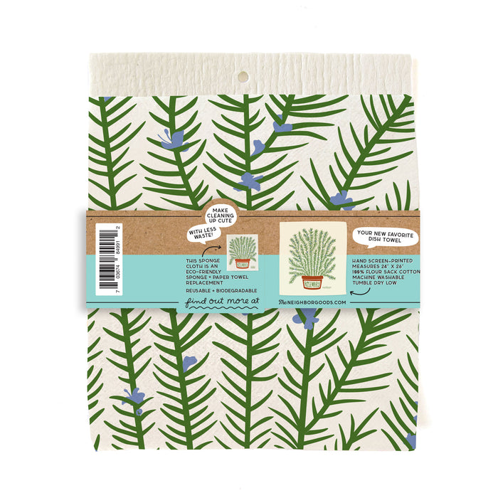 Back of matching dish towel and sponge cloth set with rosemary design