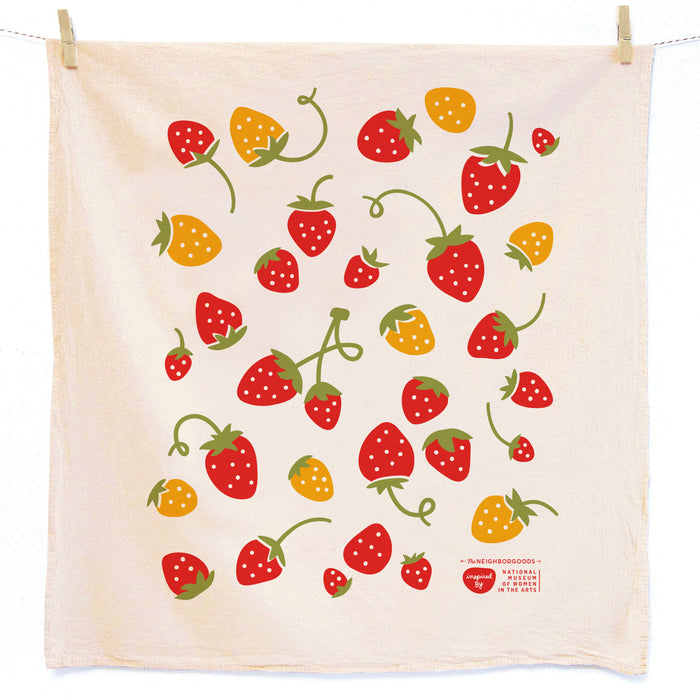 Cotton dish towel with strawberries design, inspired by the National Museum of Women in the Arts