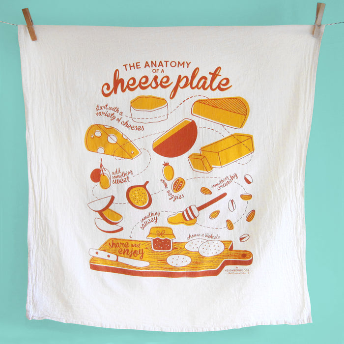 Cotton dish towel with cheese design, featuring the phrase "The anatomy of a cheese plate"