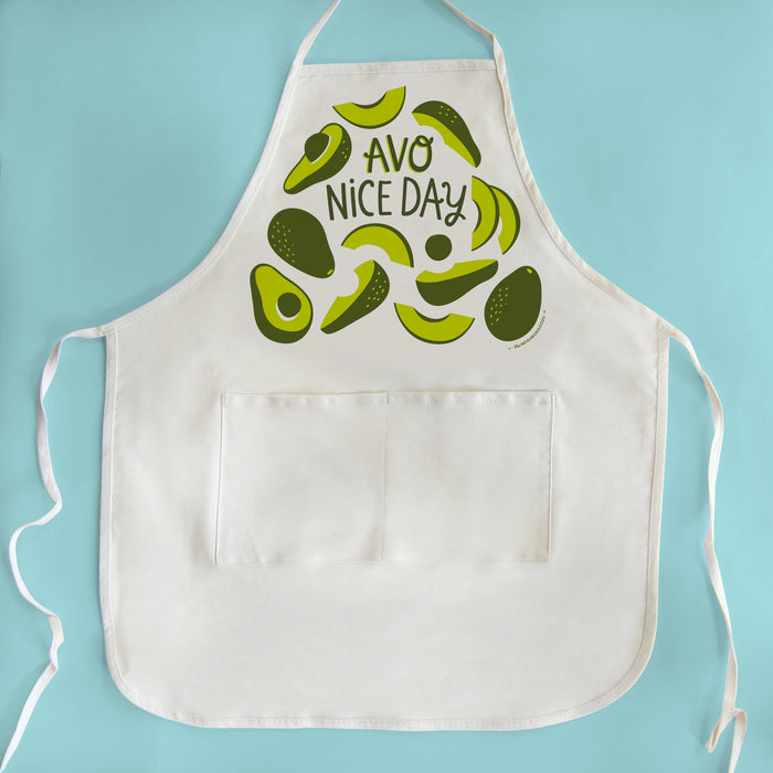 Avocado apron with two pockets, featuring the phrase "Avo nice day"