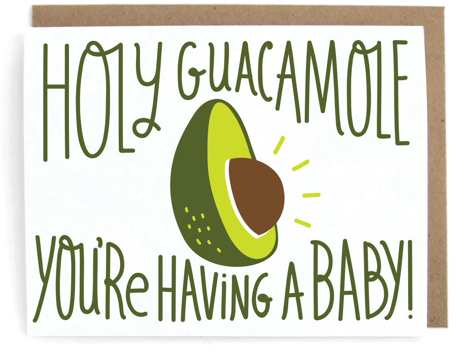 White card with an avocado design, featuring the phrase "Holy guacamole you're having a baby!" with a brown envelope