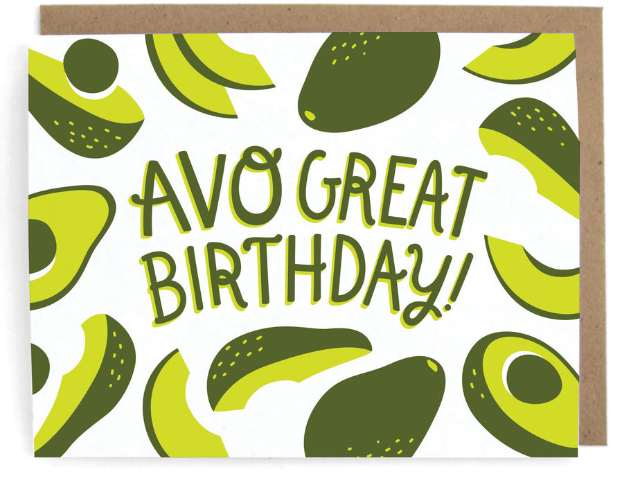 White card with an avocado design, featuring the phrase "Avo great birthday!" with a brown envelope