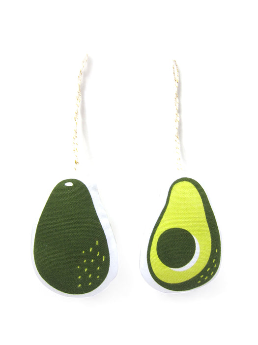 Soft ornament of an avocado; Side 1 with avocado outside, Side 2 with inner avocado and pit
