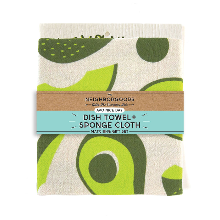 Matching dish towel and sponge cloth set with avocado design, featuring the phrase "Avo nice day"
