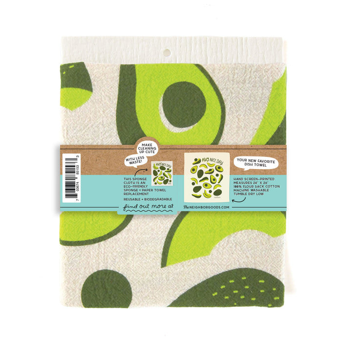 Back of matching dish towel and sponge cloth set with avocado design, featuring the phrase "Avo nice day"