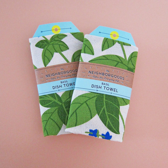Two single Basil dish towels packaged in branded belly band.