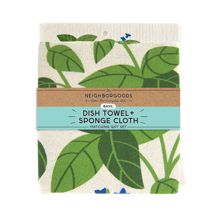 Matching dish towel and sponge cloth set with basil design