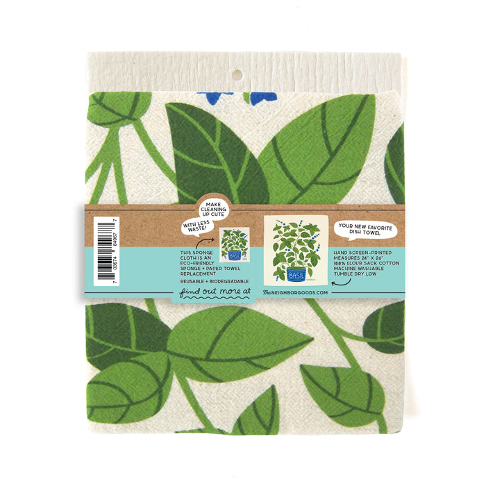 Back of matching dish towel and sponge cloth set with basil design