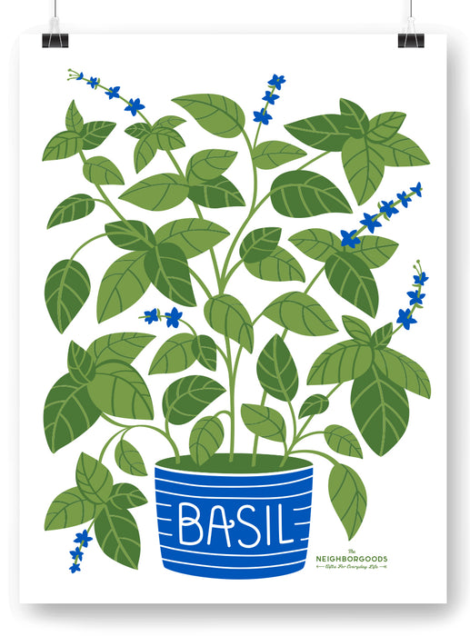 Basil design print that pictures the word "Basil" printed on a plant pot with the Neighborgoods logo at the bottom