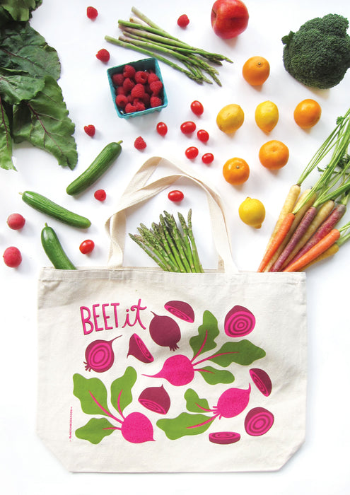 Beets tote bag photographed with an array of produce