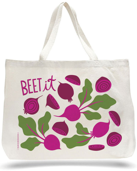 Large canvas tote bag with beets design, featuring the phrase "Beet it"