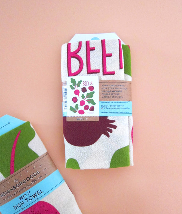 The back view of a packaged Beet dish towel.