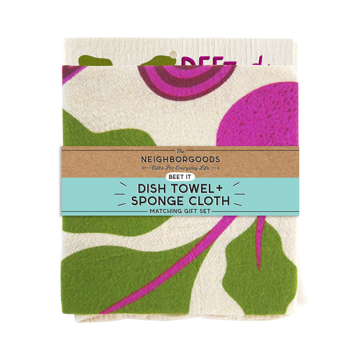 Matching dish towel and sponge cloth set with beets design, featuring the phrase "Beet it"