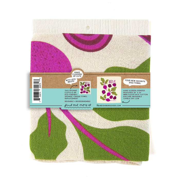 Back of matching dish towel and sponge cloth set with beets design, featuring the phrase "Beet it"