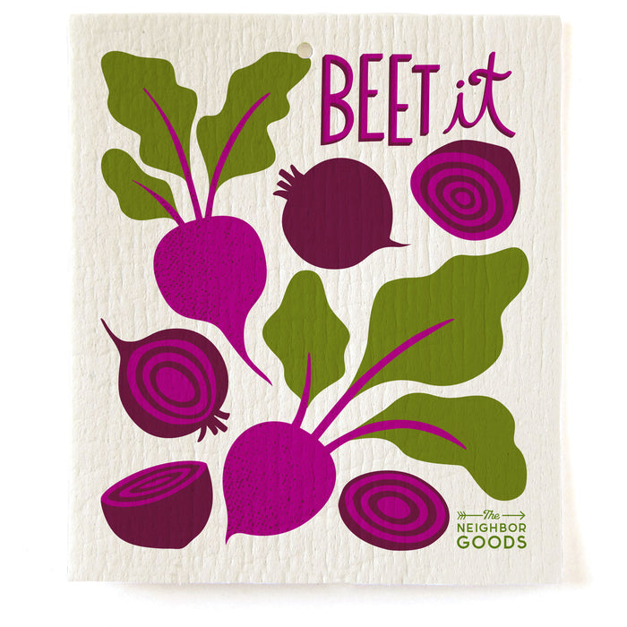 Reusable Swedish sponge cloth with beets design, featuring the phrase "Beet it"