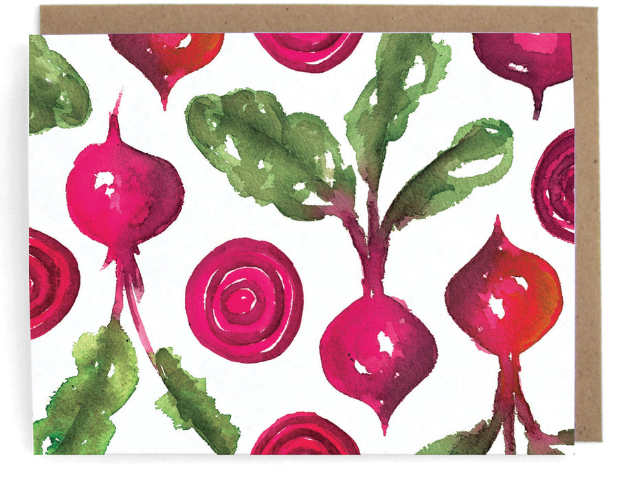White card with watercolor beets design, with a brown envelope