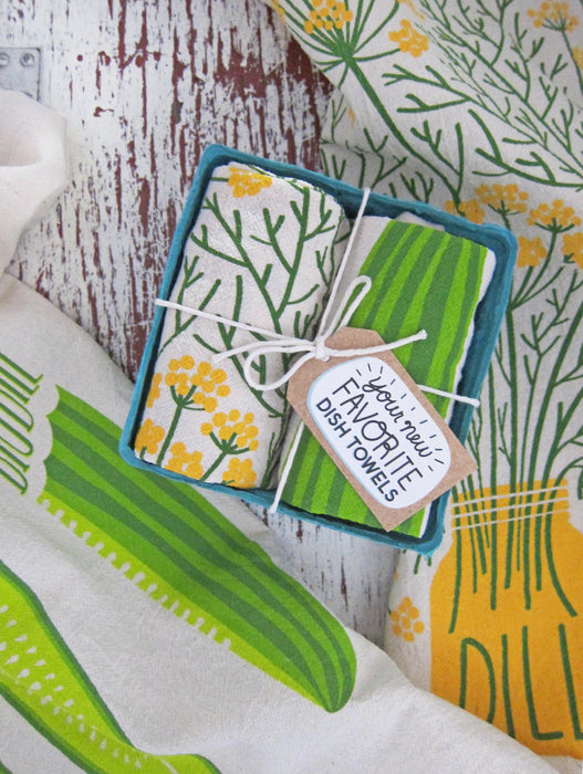 Big dill dish towel set photographed with pickle and dill dish towels