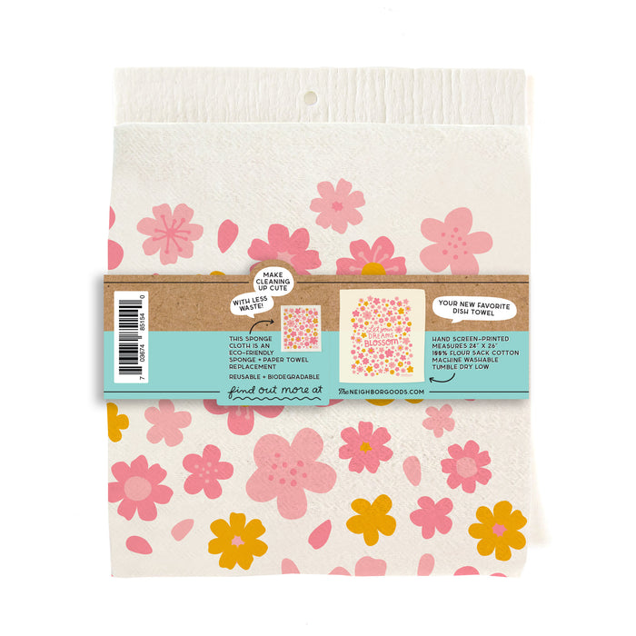 Back of matching dish towel and sponge cloth set with blossoms design, featuring the phrase "Let your dreams blossom"