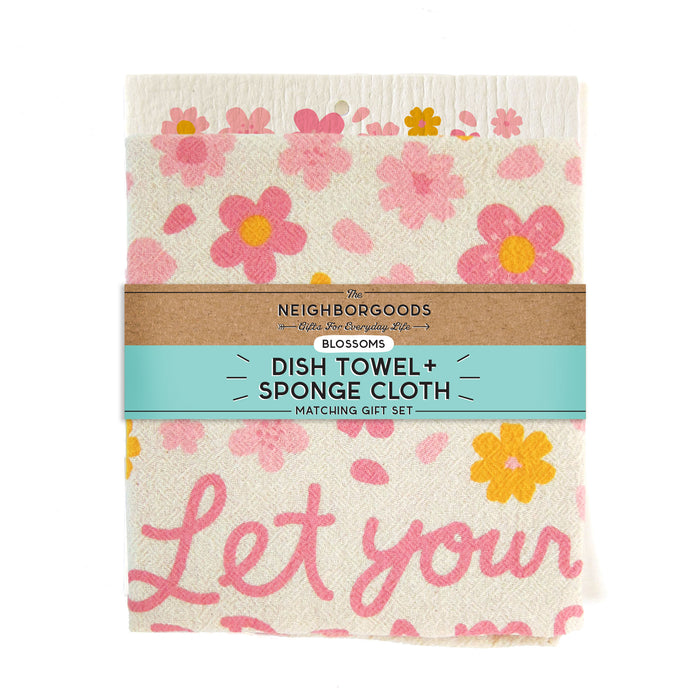 Matching dish towel and sponge cloth set with blossoms design, featuring the phrase "Let your dreams blossom"