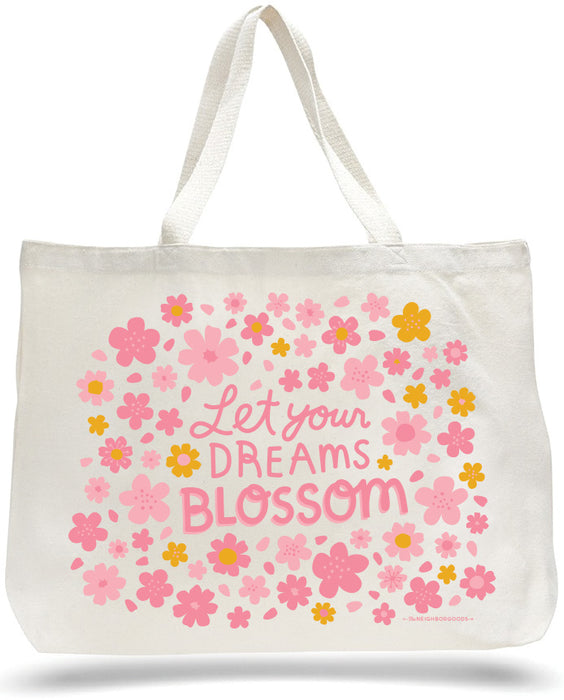 Large canvas tote bag with blossoms design, featuring the phrase "Let your dreams blossom"