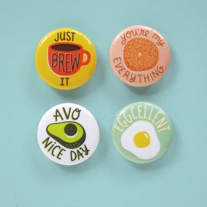 Cofffee, Everything bagel, Avocado, and Egg mini magnets