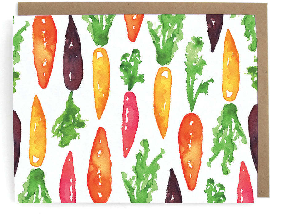 White card with watercolor carrots design, with a brown envelope