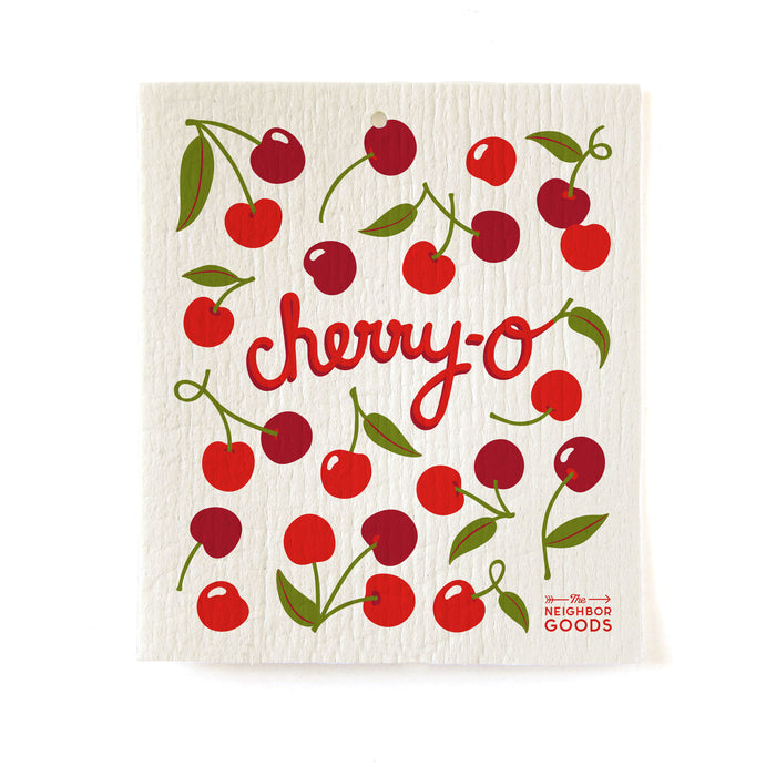Reusable Swedish sponge cloth with cherries design, featuring the phrase "Cherry-o"