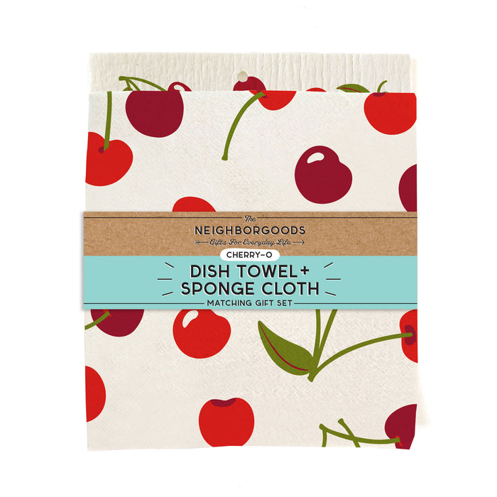 Matching dish towel and sponge cloth set with cherries design, featuring the phrase "Cherry-o"