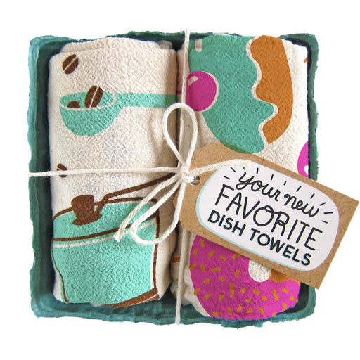 Coffee and donuts dish towel set, folded in a green berry basket tied with a gift tag