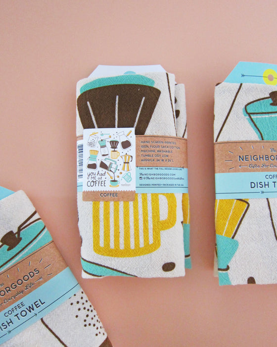 The back view of packaged coffee dish towel.