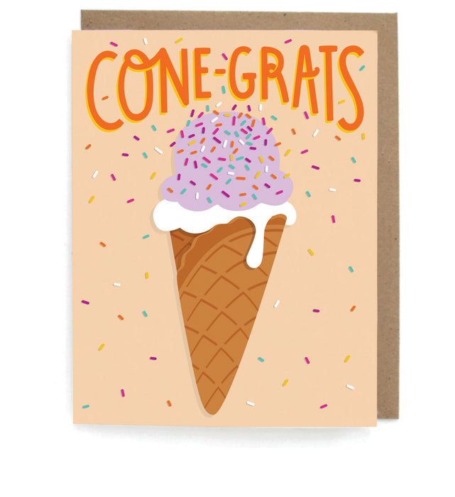 Tan card with ice cream design, featuring the phrase "Cone-grats," with a brown envelope