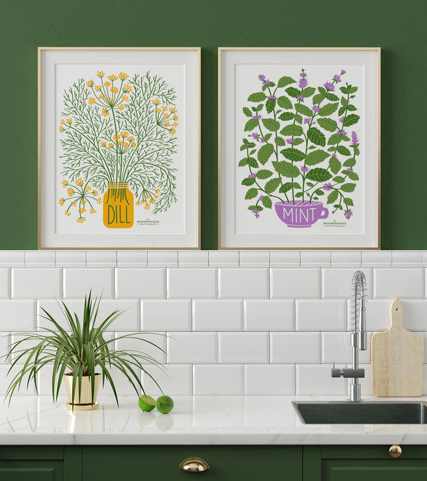 Mint and Dill prints framed above a sink in a kitchen