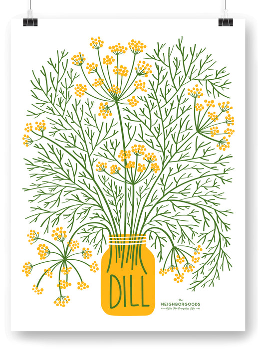 Dill design print that pictures the word "Dill" printed on the jar the plant is in, with the Neighborgoods logo at the bottom