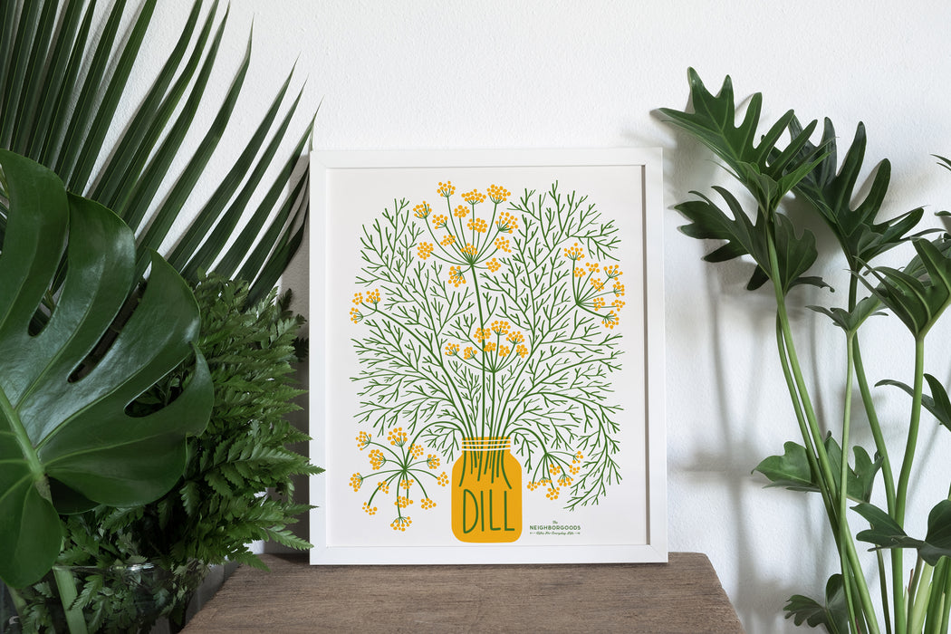 Dill print in small size amongst several houseplants