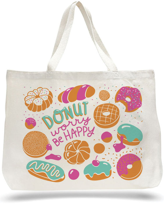 Large canvas tote bag with donut design, featuring the phrase "Donut worry, be happy"