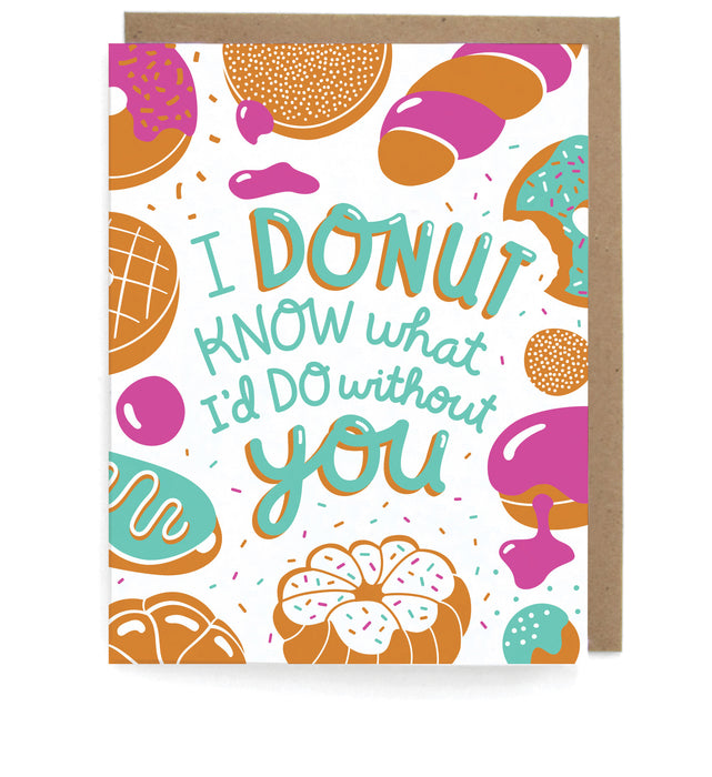 White envelope with donut design featuring the phrase "I donut what I'd do without you," with a brown envelope