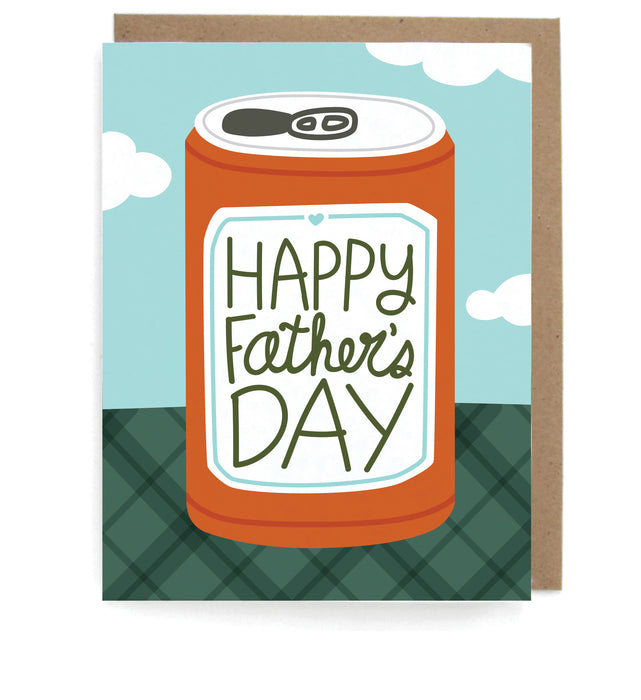 Card that pictures a can of beer with "Happy Father's Day" on it, pictured against a sky background, with a brown envelope