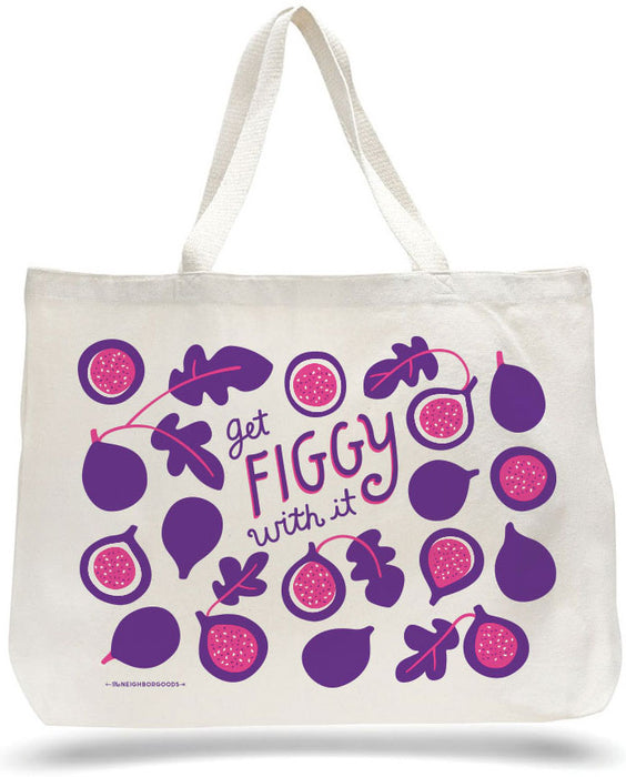 Large canvas tote bag with figs design, featuring the phrase "Get figgy with it"
