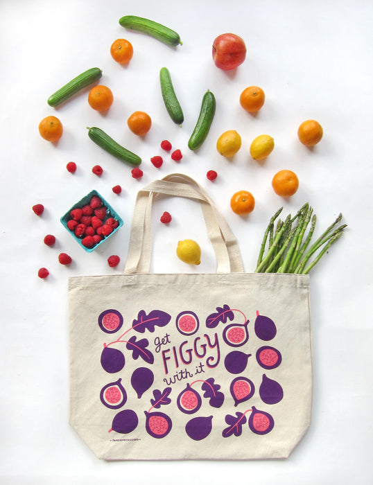 Figgy tote bag photographed with an array of produce