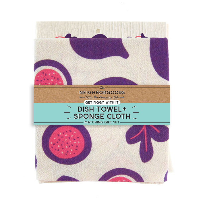 Matching dish towel and sponge cloth set with figs design, featuring the phrase "Get figgy with it"