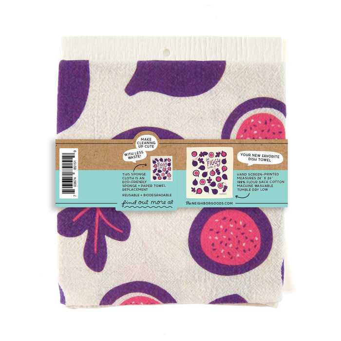 Back of matching dish towel and sponge cloth set with figs design, featuring the phrase "Get figgy with it"