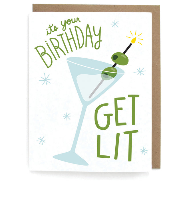 White card that pictures an extra dirty martini with blue sparkles, featuring the phrase "It's your birthday get lit," with a brown envelope
